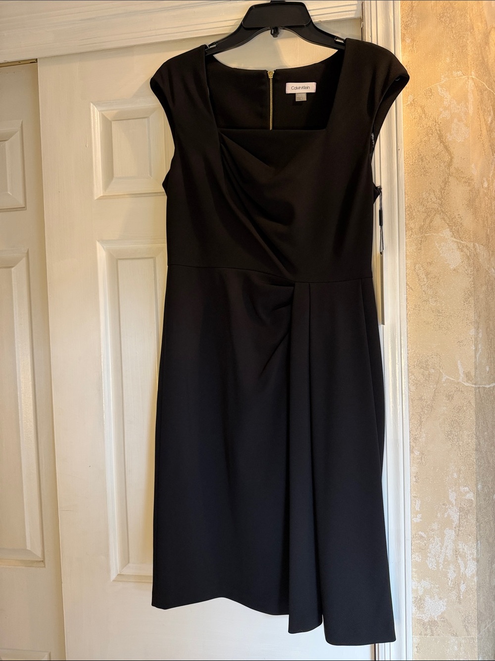 Calvin Klein Black Cap-Sleeve Midi Dress with Draped Front